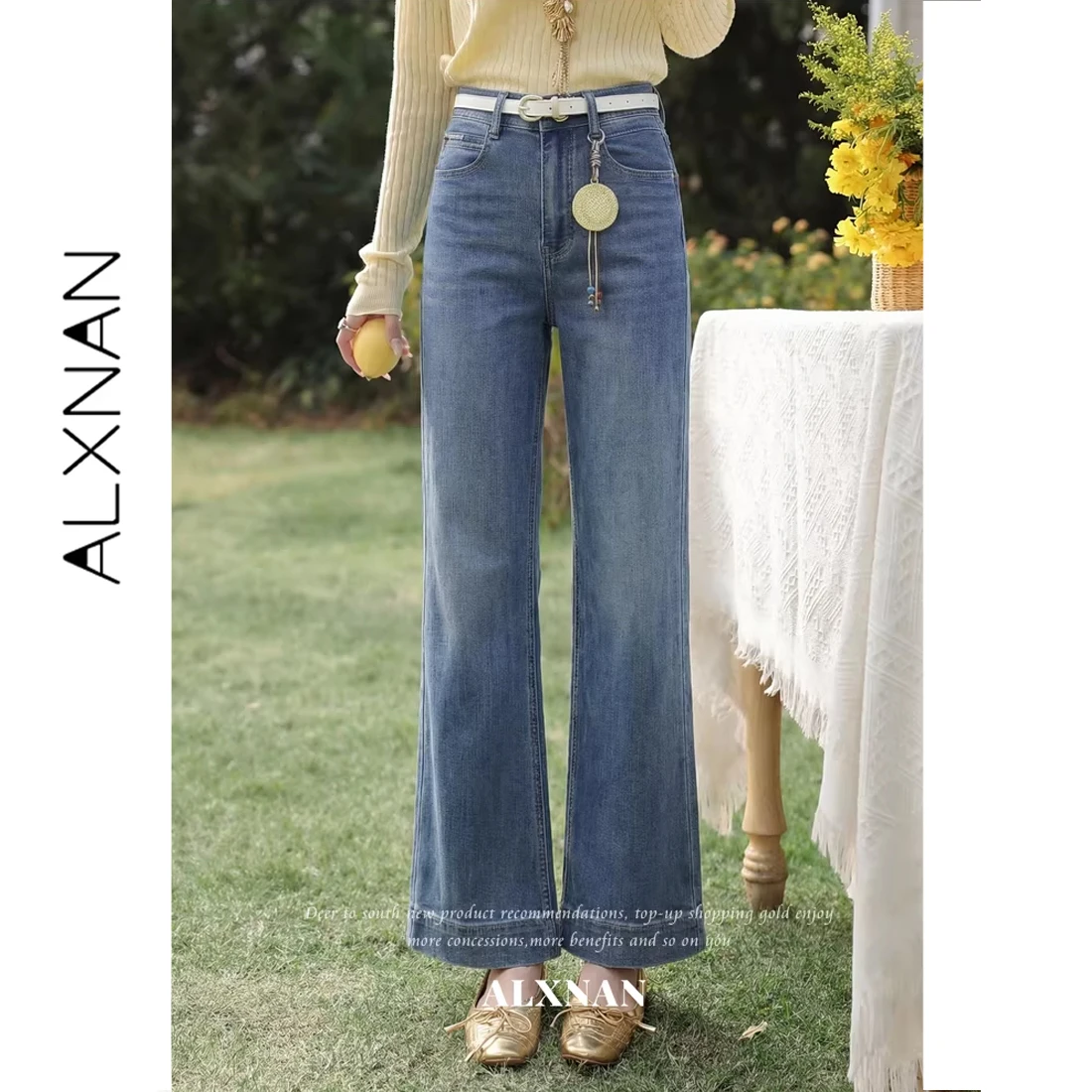 

Синие джинсы ALXNAN, женские джинсовые брюки с высокой талией и прямыми штанинами, модные повседневные брюки, женские винтажные элегантные длинные брюки L62887A
