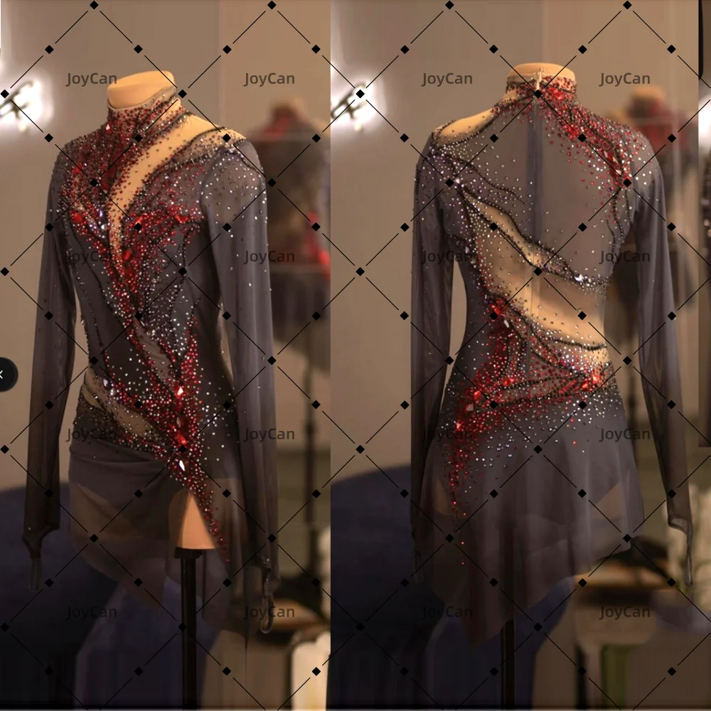 JoyCan Ice Figure  Skating  Dress Girls Red Spandex Stretchy Mesh Competition Dance Wear Customized