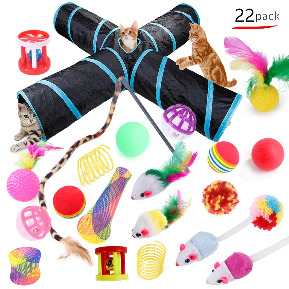 22 Pack Pet Cat Toys Interactive Combination Set Cat Toy Funny Cat Stick Sisal Mouse Bell Ball Tunnel Supplies Kitten Toys