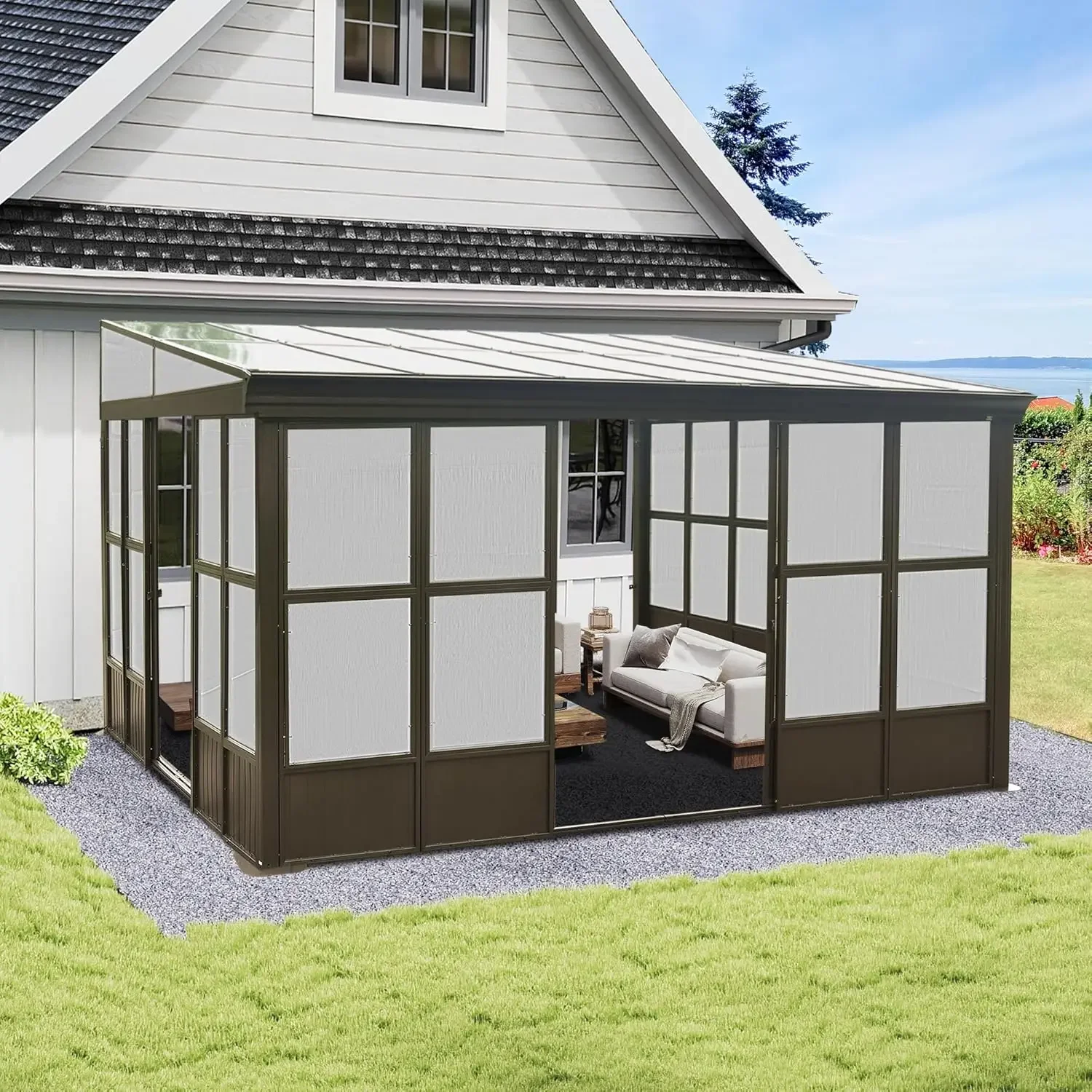 

Domi Wall Mounted Sunroom 12x14FT, Wall Solarium with Aluminum PC Sloping Roof, Detachable PC Screen House, Lockable Sliding Fro