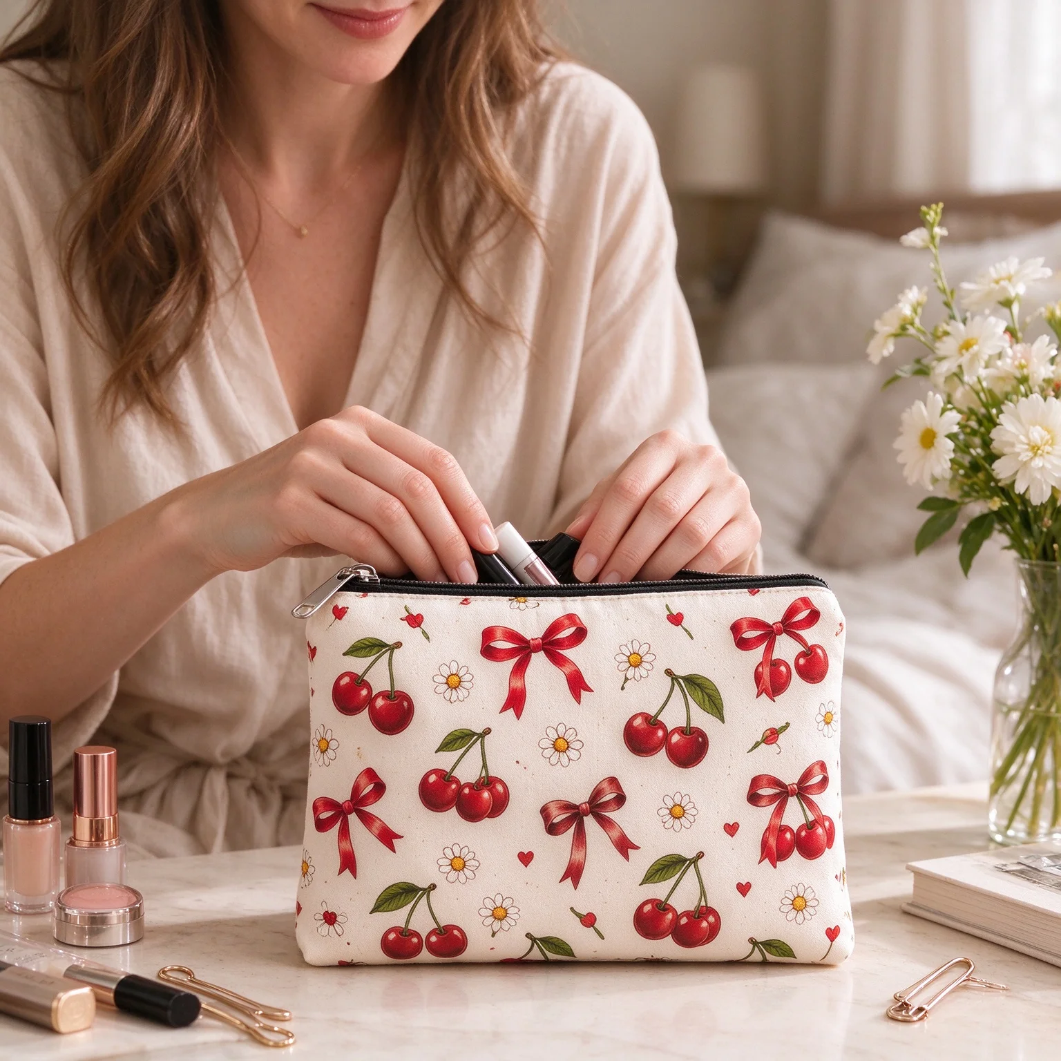 Cute Cherry Bow Canvas Cosmetic Bag Aesthetic Fruit Floral Print Daily Makeup Pouch Women Travel Toiletry Storage Organizer Bag