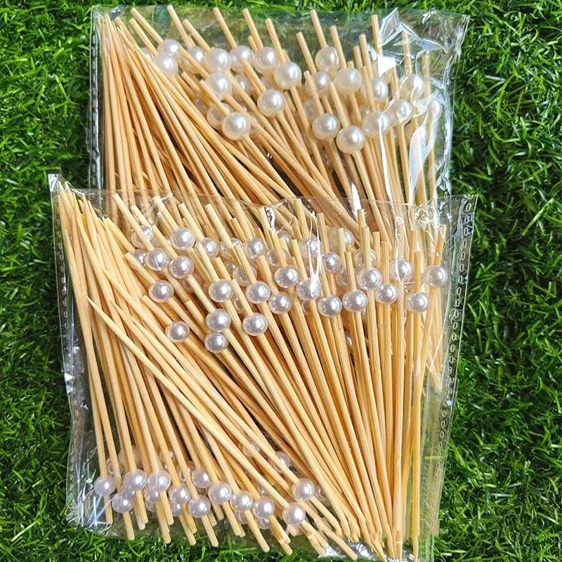 100Pcs Gold Beads Bamboo Fruit Sticks 12cm Fruit Salad Snack Fork Cocktail Decor Cake Buffet Toothpicks Wedding Party Supplies