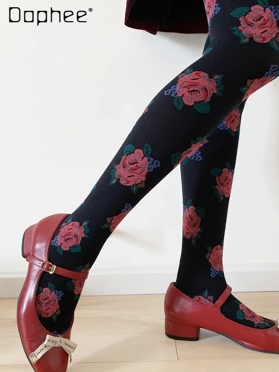 

Beautiful Rose Print Tights Retro Pantyhose Black Burgundy Bottoming Stockings Autumn French Style Floral Aesthetics Vintage