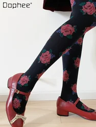 Beautiful Rose Print Tights Retro Pantyhose Black Burgundy Bottoming Stockings Autumn French Style Floral Aesthetics Vintage