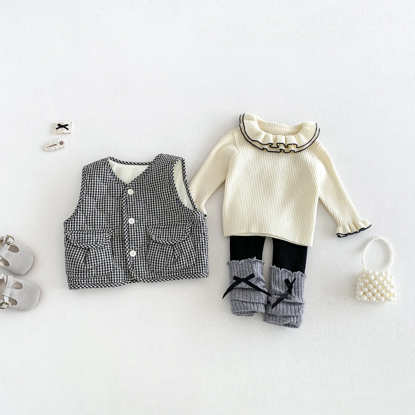 Baby and toddler winter double lapel sweater plaid vest women's treasure with thick pile woolen pants