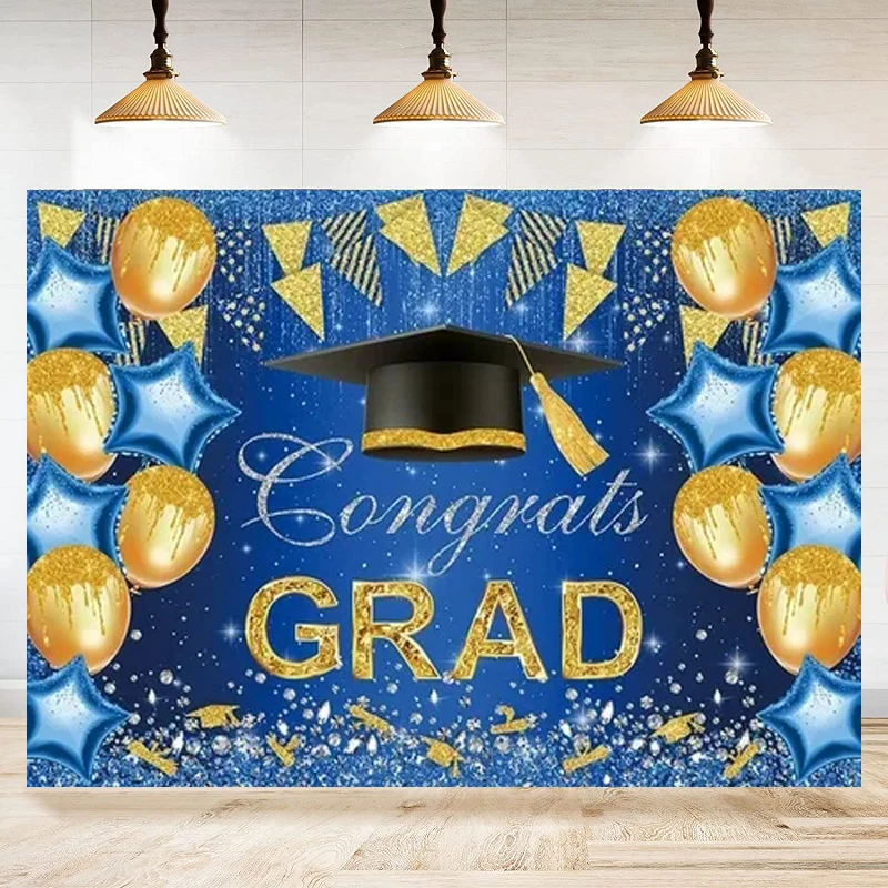 Blue And Gold Graduation Photography Backdrop For Girl Boy Congrats Grad Class Prom Party Supplies Decoration Background Poster