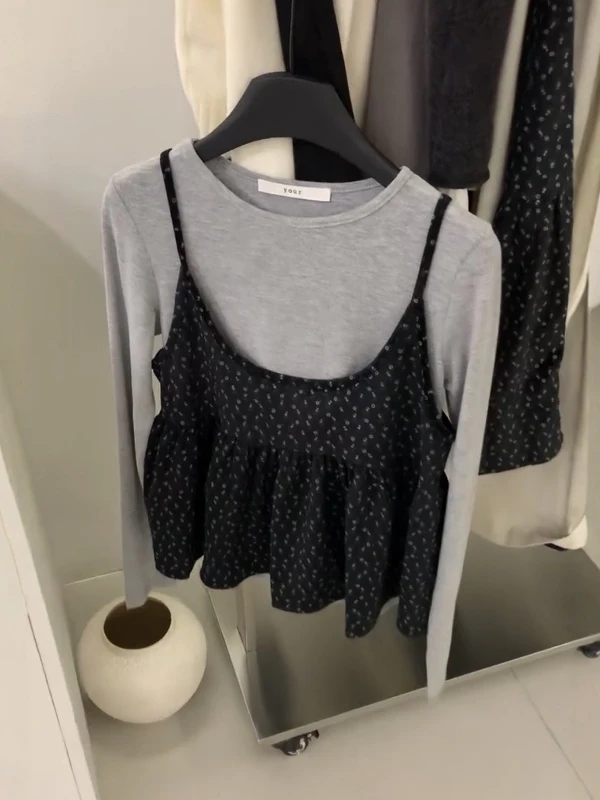 

Loose Floral Print Csole Tank Top Women's Long Sve Base irt Two-Piece Set Casual Sle U-Ne Cotton Polyester Blend