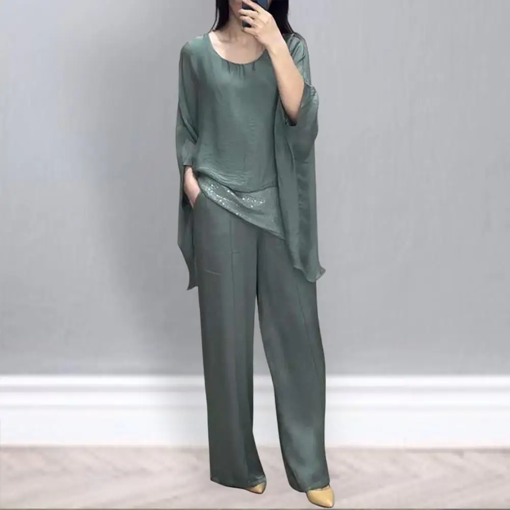 

Women Casual Suit Splicing Top Wide Leg Pants Loose Outfit For Home Party Office Round Neck Batwing Sleeve Commuting Suit