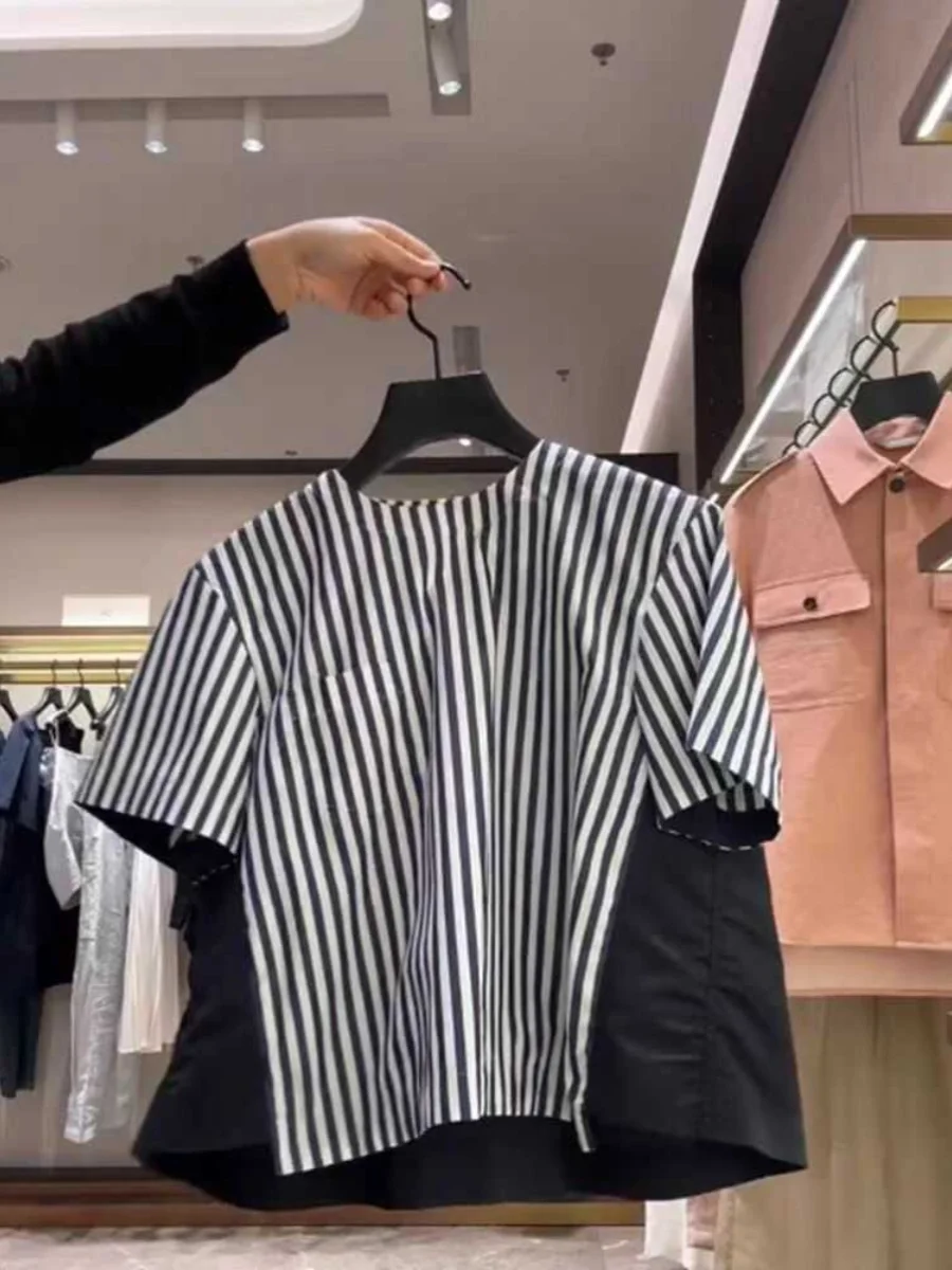 

FOG SACAI 2024, женская полосатая футболка ort Sve round Ne irt, лоскутная цветная блузка, летняя модная смесь хлопка и полиэстера