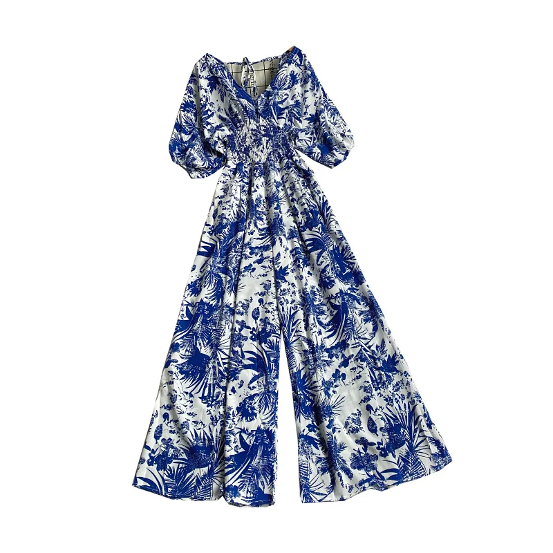 2023년 여름 빈티지 V넥 프린트 버블 소매 하이웨이스트 와이드 레그 점프수트 롱 팬츠 벨트 캐주얼 패션 여성...