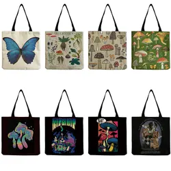 Borse portatili Shopper Bag ad alta capacità Eco Friendly Ladies Butterfly Mushroom Print Outdoor Beach Bag Tote Bag personalizzabile