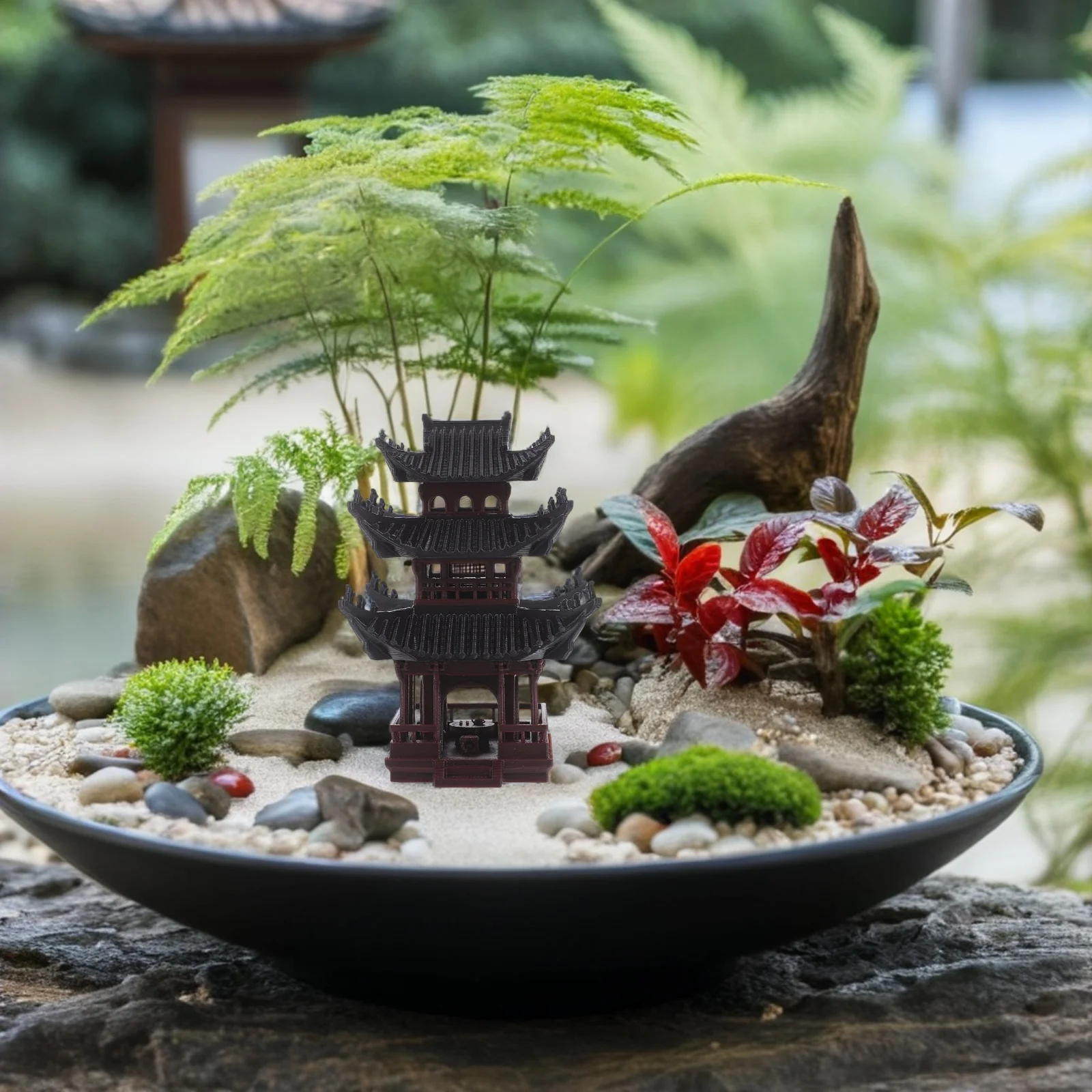 

Mini Pavilion Ornament Micro Landscape Decoration Tiny Figurine for Desktop Bookshelf Zen Garden Vintage Rain