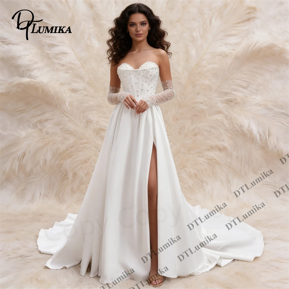 

Satin Wedding Dress Strapless Pearl Beaded Corset with High Slit Train Lace Gloves City Hall Wedding Bride Dresses Bridal Gown