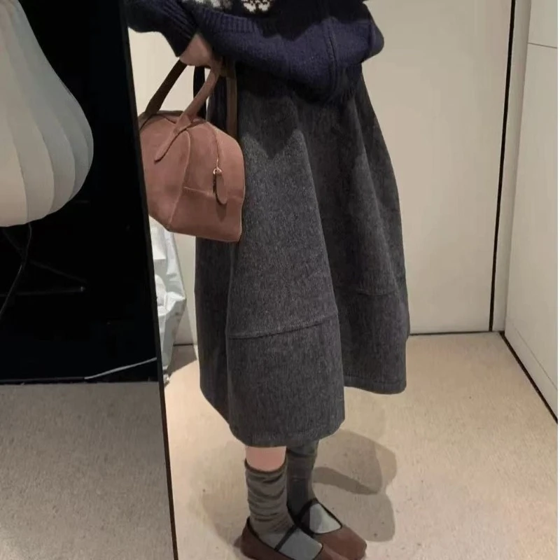 

Deeptown Korean Style Long Skirt Women Elegant Sweet Preppy Style Gray Thick Skirts Black Autumn Winter Casual A-line Skirts