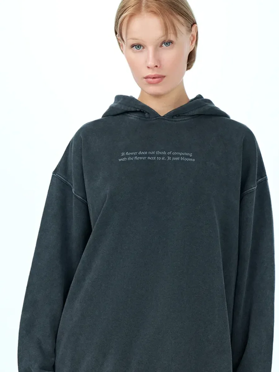 Bluzy z kapturem w stylu dark punk z grafiką, postarzane, sprane, czarne, oversize, estetyczne bluzy z nadrukiem kwiatów i liter, Harajuku