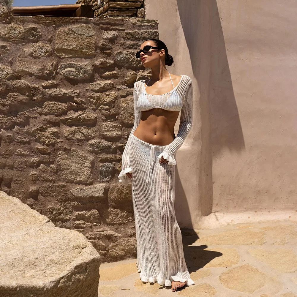 Beach Vaion Sle Sexy Hollow out Lotus  Knitted Bikini Swimsuit Cover up Skirt Faionable Summer Ensemble