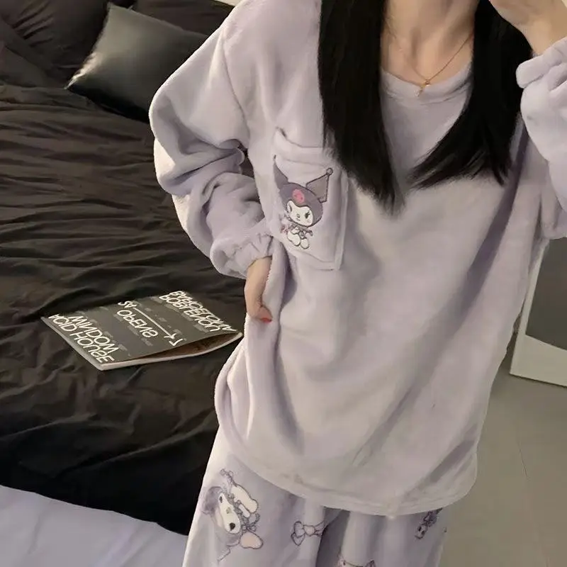 

Sanrio Girl Coral Velvet Pajamas 2Pcs Kuromi New Style Home Clothes Fall and Winter Thickened Cute Fashion Flannel Warm Set Hot