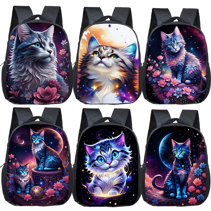 12inch Starry Sky Flower Cat Backpack for 2-4 Years Old Cute Cat School Bags for Kids Bookbag Kindergarten Mini Backpacks Gift