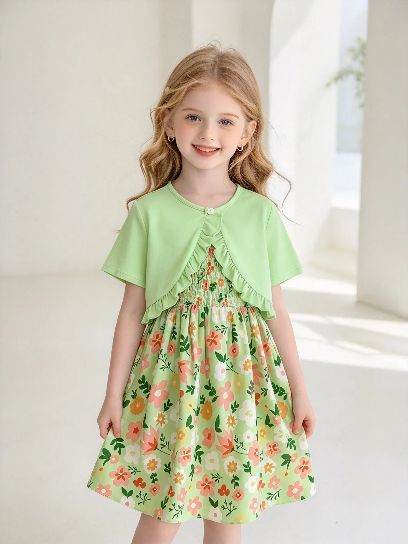 2 Pcs Spring/Summer Girls' Light Green Short Sleeved Jacket With The Same Bottom Colorful Printed Camisole Skirt Countryside Set