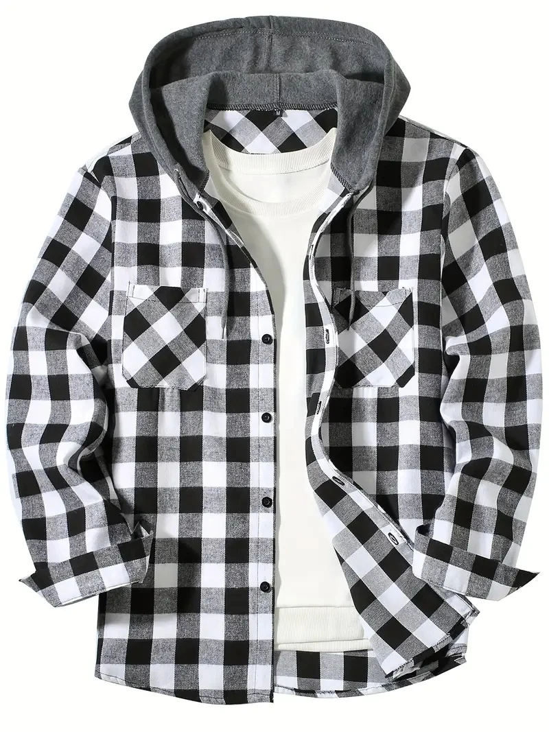 Youth Fashion Street Hooded Plaid Shirt Men\'s Slim Fit Long Sleeved Shirt Couple Travel Casual Shirt Men\'s Sports Shirt Jacket