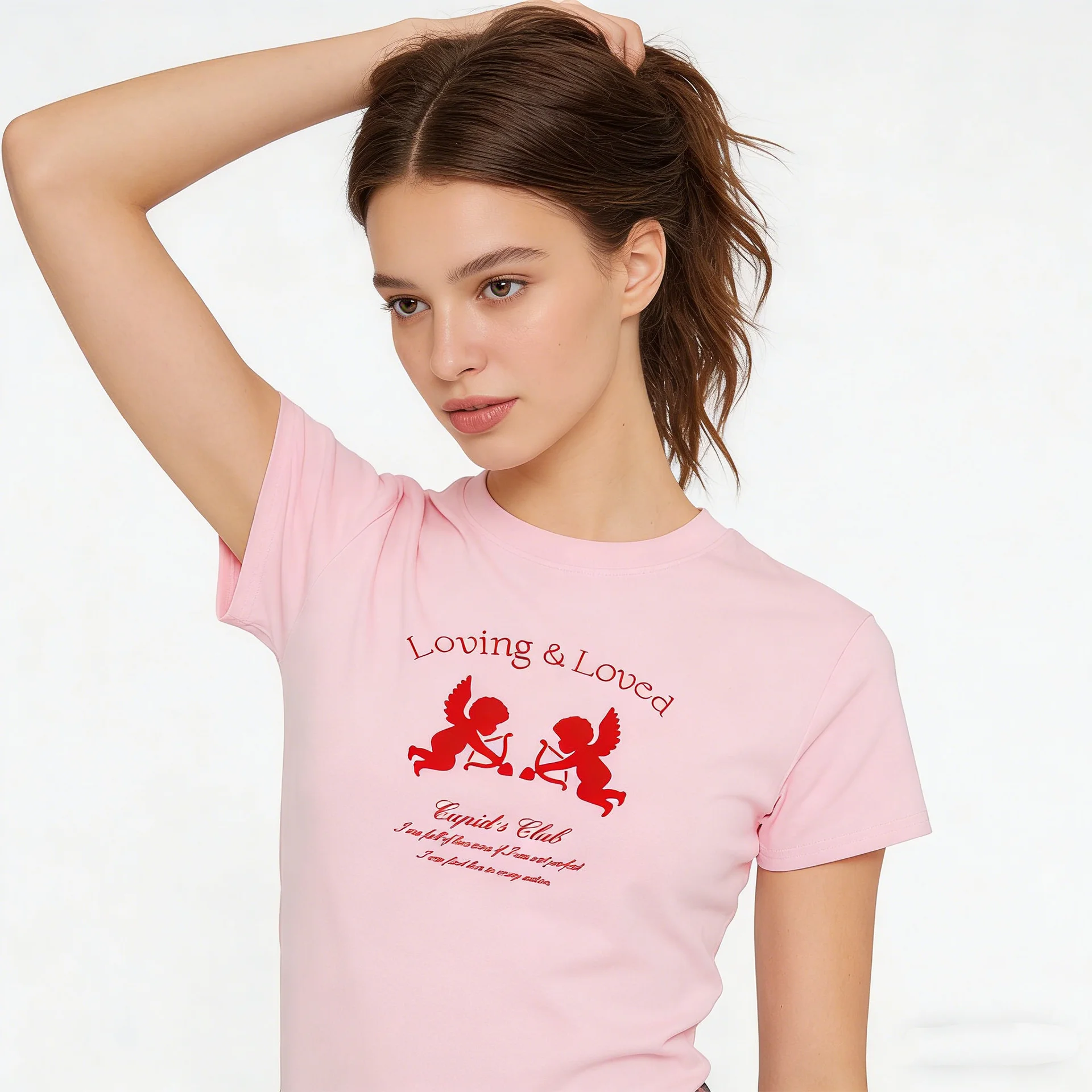 Cute Angels Printing Lovely Pink Slim T Shirts Female Summer Short Sleeve Crewneck Cotton Tops Street Fashion Elastic Tees