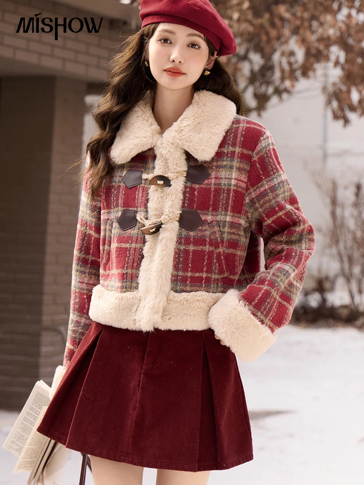 MISHOW Plaid Short Woolen Coat Women Autumn Winter Korean Vintage Thick Plush Collar Jacket Office Lady New Outwear MXC57W0272