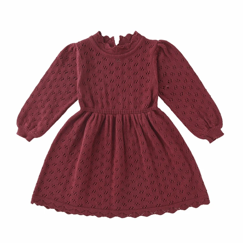 European American Style Autumn Spring Kids Princess Dresses Long Sleeved Solid Color Knitting Clothing Baby Girl Party Dress