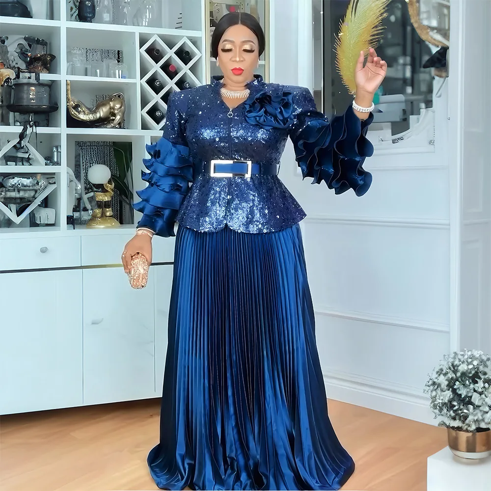 

Sequin African Clothes for Women 2 PCS Sets Tops And Skirts Suits Dashiki Ankara Outfits Gown Plus Size Wedding Party Dresses