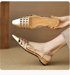 New Split Leather Summer Sandals Square Toe Sandals for Women Low Heel Concise Gladiator Shoes Fashion Narrow Band Ladies Shoes