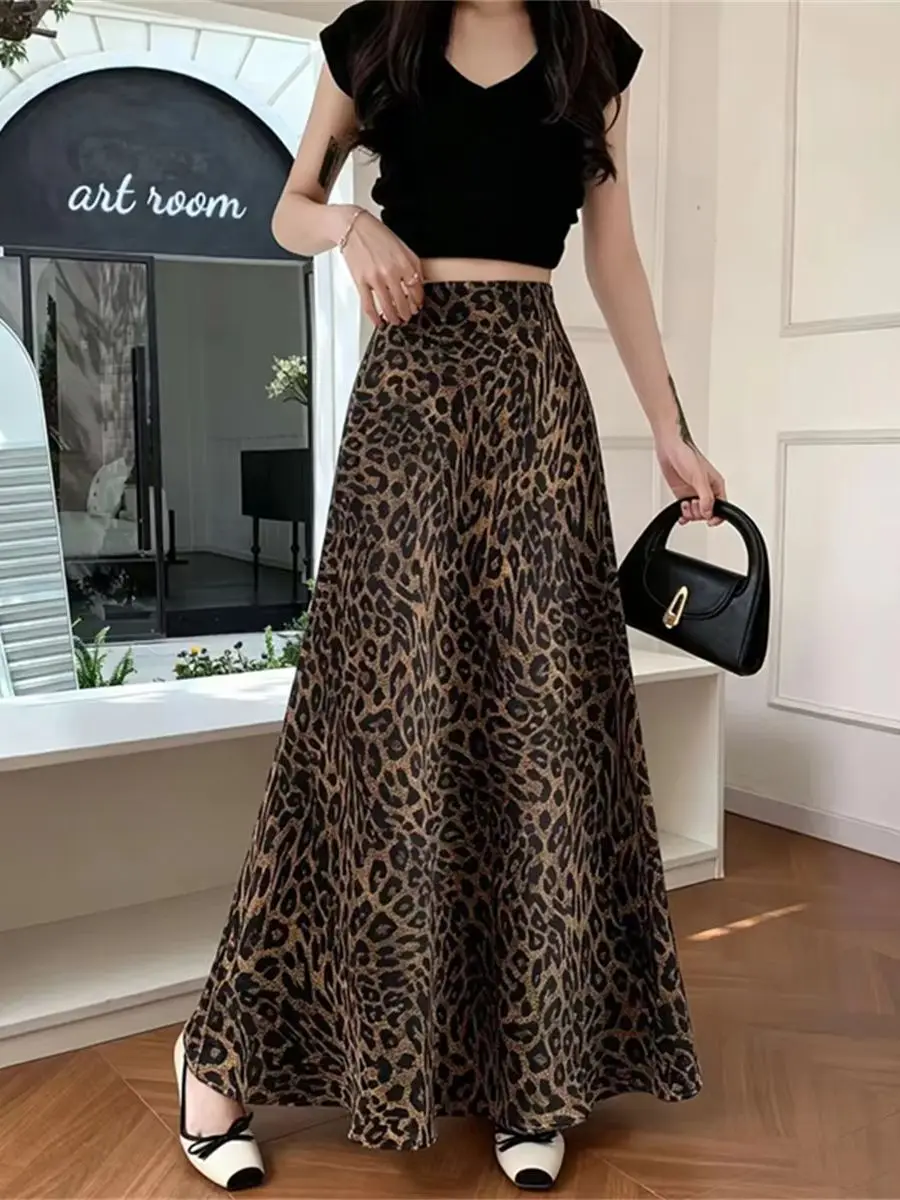 Vintage Acetate Satin Leopard-Print Midi Skirt for Women Summer High-Waisted Slimming Flowing Elegant ersatile A-Line Skirts