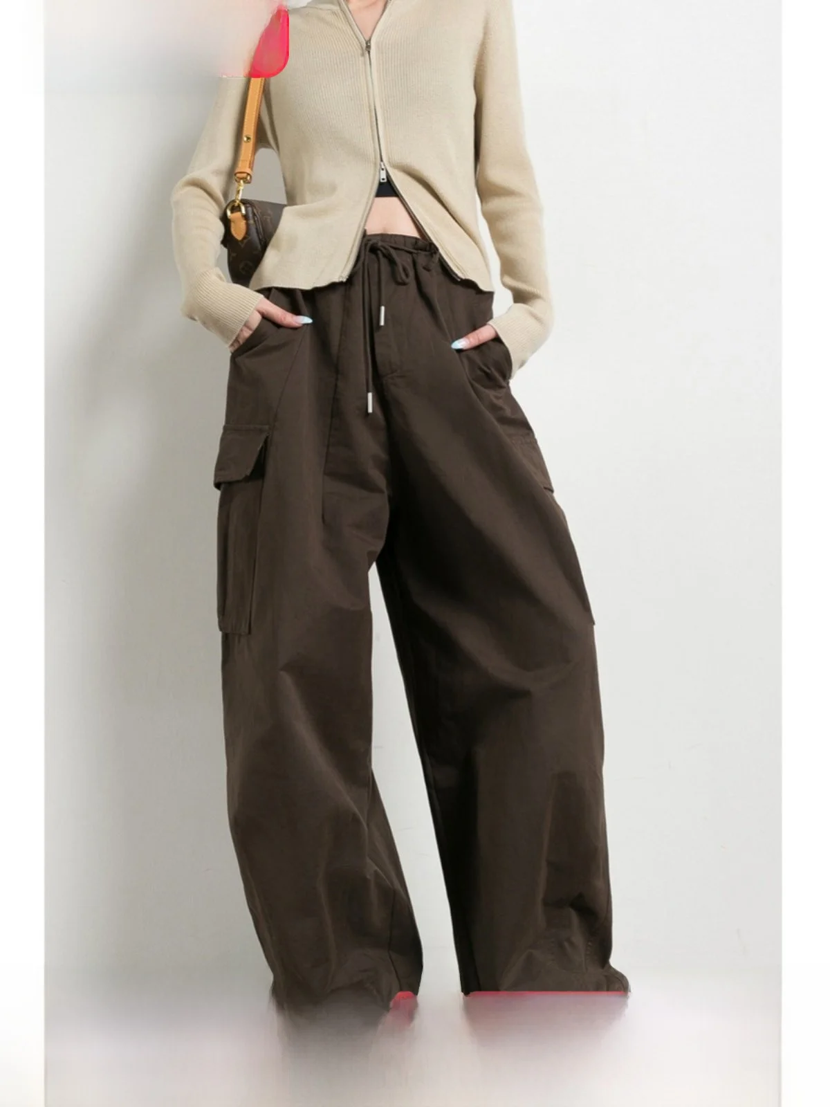 

Модные женские брюки-парашюты в американском стиле с цветочным принтом, широкие рабочие брюки кофейного цвета, с эластичным поясом, свободные, длинные