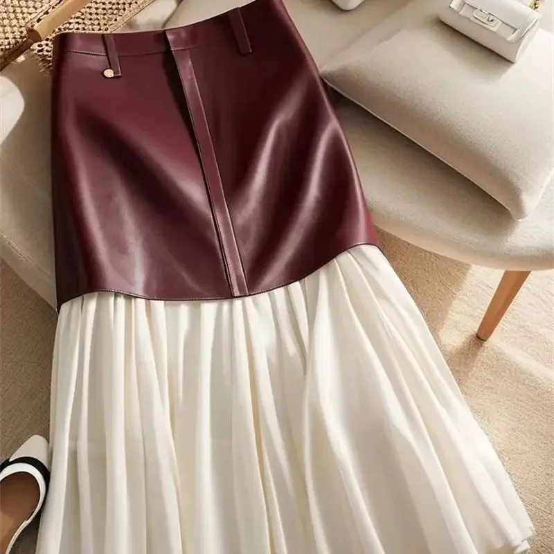 

Новая женская тонкая темпераментная сумка, юбка на бедрах, офисная женская вечерняя юбка-миди 411P, модная уличная лоскутная кожаная юбка, осень