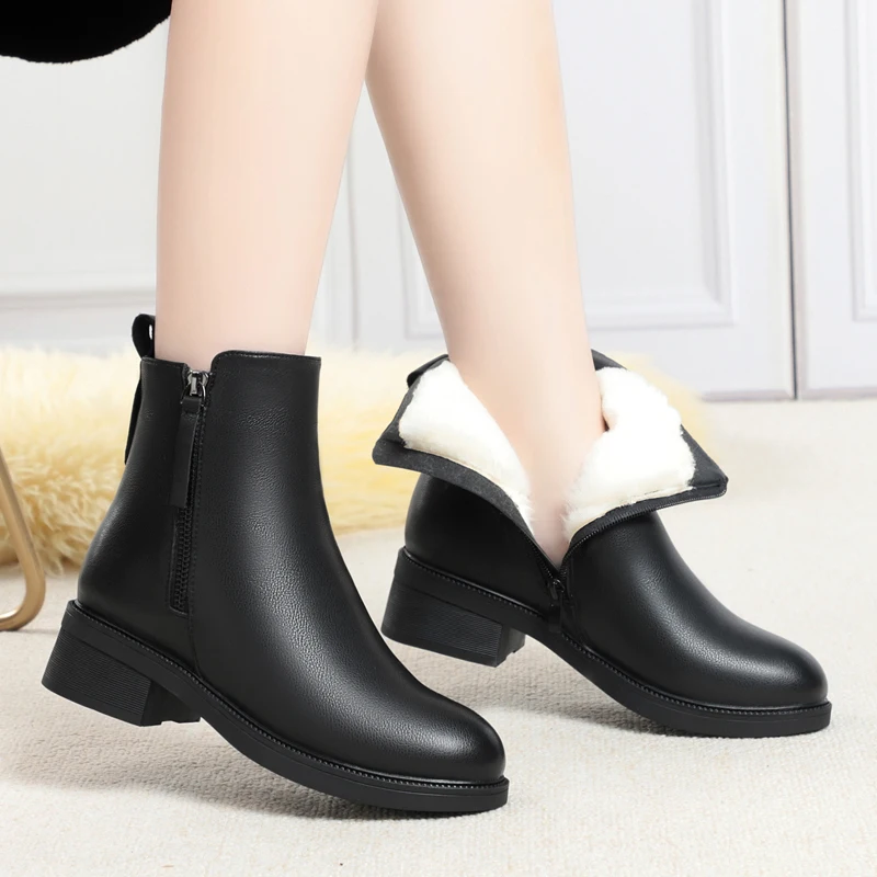 

Winter Boots Women Winter Fashion Anti-Slip Calf Ankle Boots Women Mid Heel Natural Wool Genuine Leather Boots Ladies