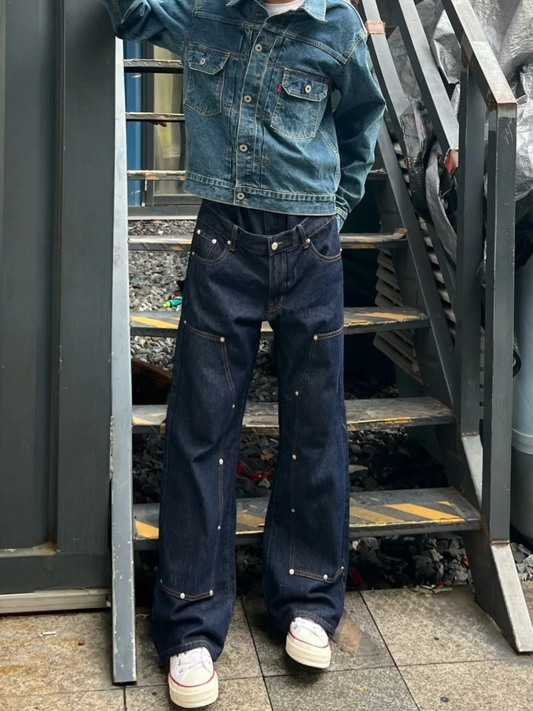 

Мужские джинсы в стиле ретро с двойной талией и заклепками, свободные прямые джинсы в винтажном стиле, молодежный тренд, деним с эффектом потертости