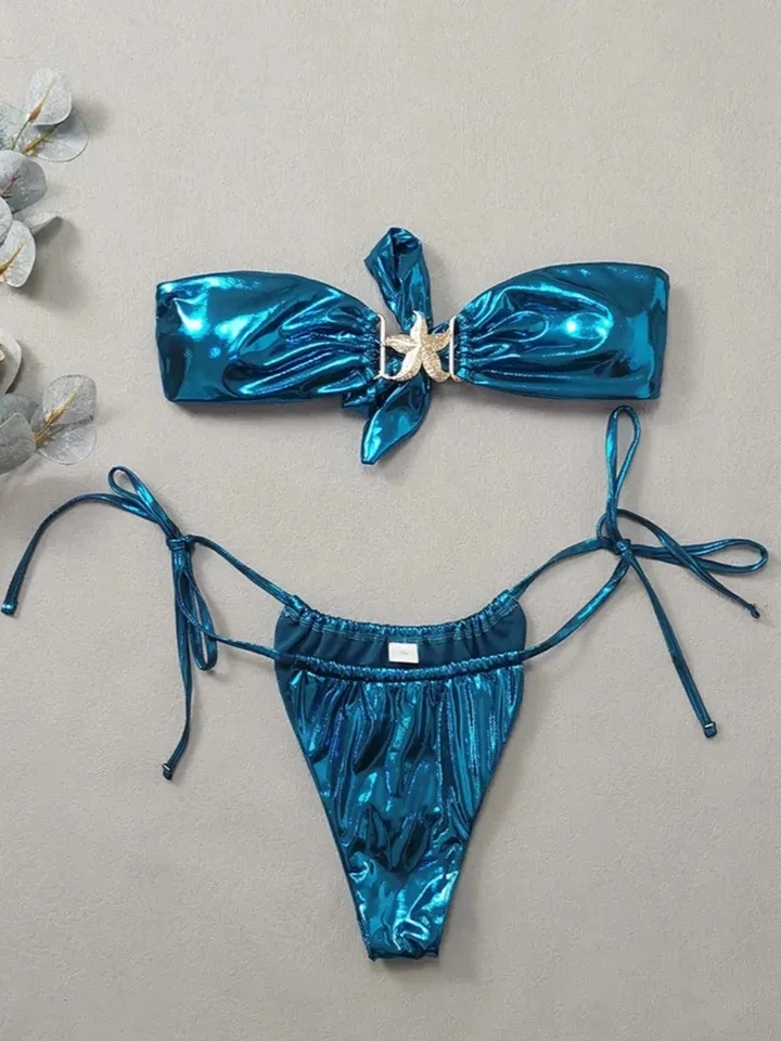 2025 New Shiny 2-piece Swimsuit for Women,solid Color Glossy Strapless Thong Bikini,sexy Starfish Accessories Beach Swimwear New
