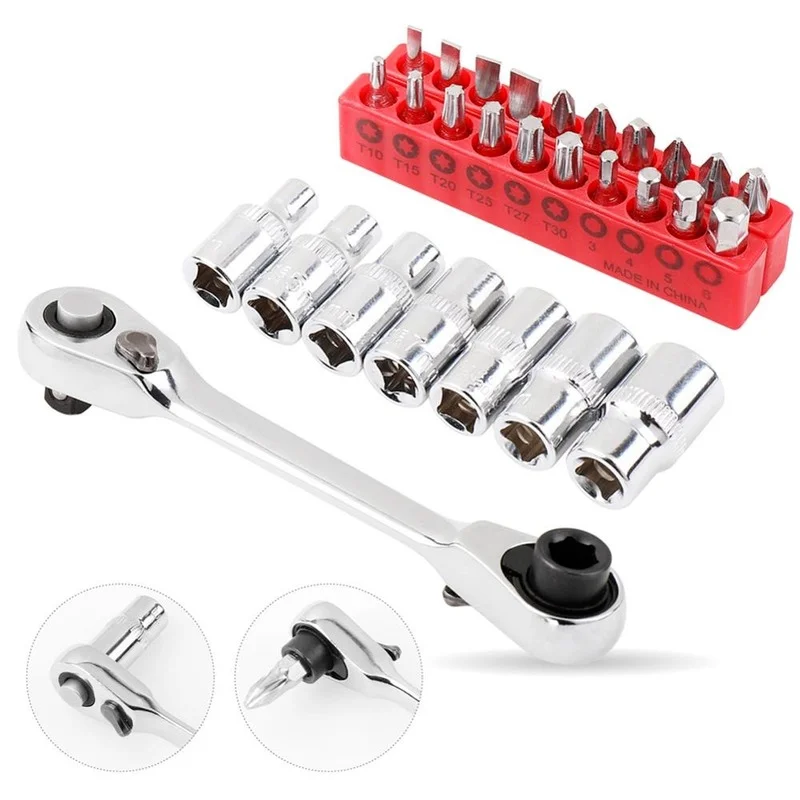 Mini 1/4 Inch Đôi Kết Thúc Nhanh Ổ Cắm Bánh Răng Cờ Lê Thanh Vít Dụng Cụ Chứa 1 X Ratchet Tay Cầm Cờ Lê