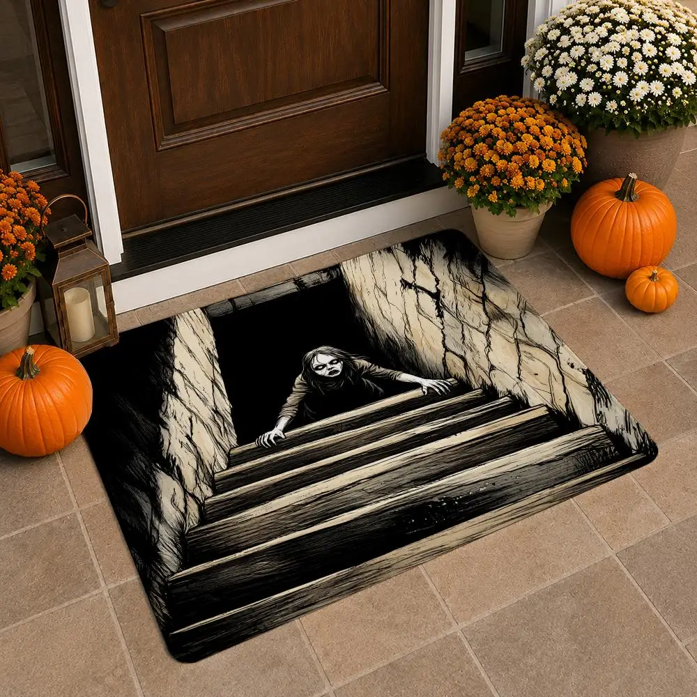 Vintage Black White Haunted Ghost Horror Scenes Floor Mat Soft Flannel Non Slip Absorbent Entryway Bathroom Bedroom Garage
