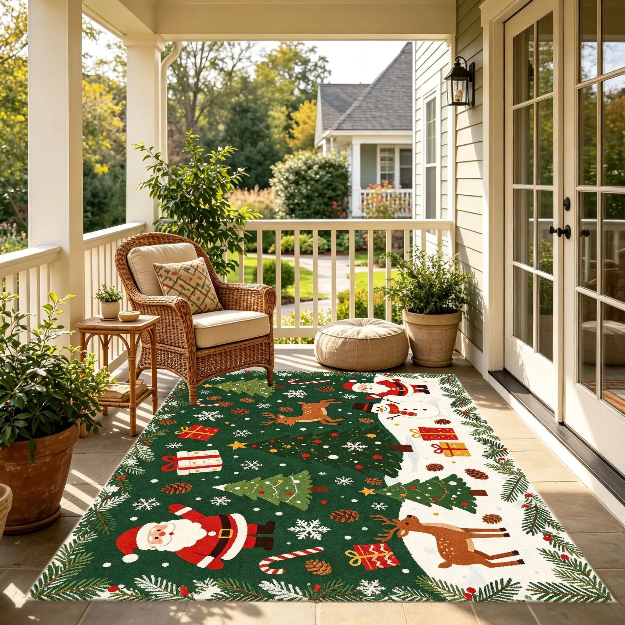 1pc Luxury Christmas Area Rug, Soft & Non Slip, Santa, Reindeer & Snowman Print, Rectangular Jumbo Mat, Machine Washable