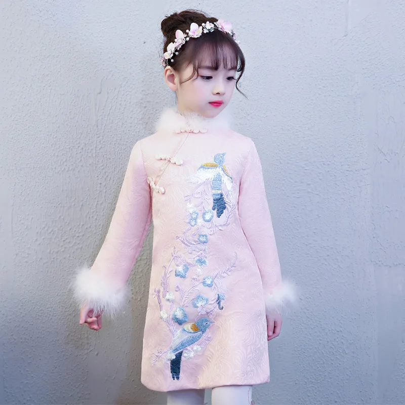 Winter Girls Cotton Linen Kids Cheongsam Embroidery Tang Suit Children Chinese Lovely Qipao Cotton-padded Clothes