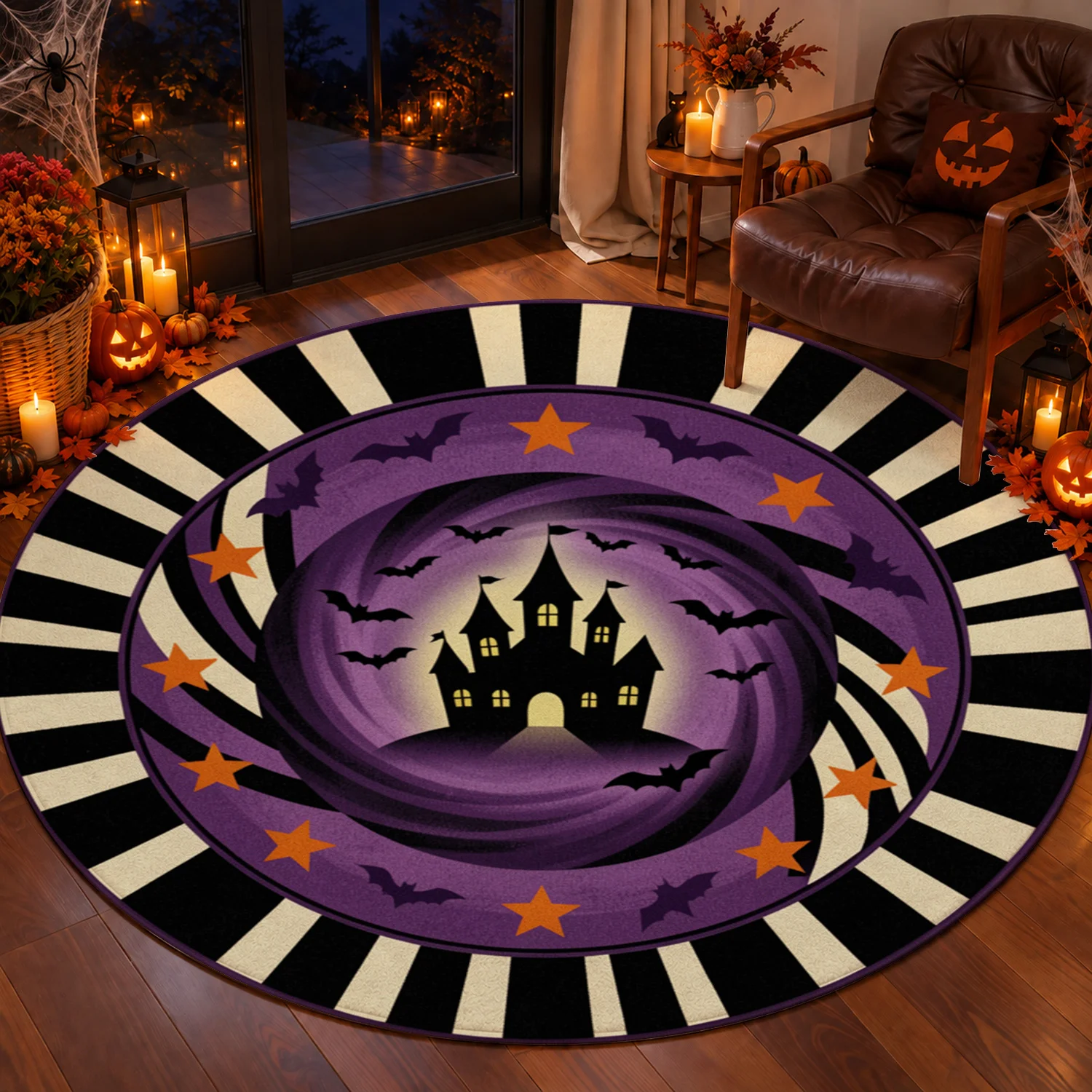 Haunted Castle Bats Star Spiral Striped Pattern Round Velvet Rug Machine Washable for Living Room Bedroom Dining Room Entryway Halloween Thanksgiving Christmas New Year Black Friday Cyber Monday