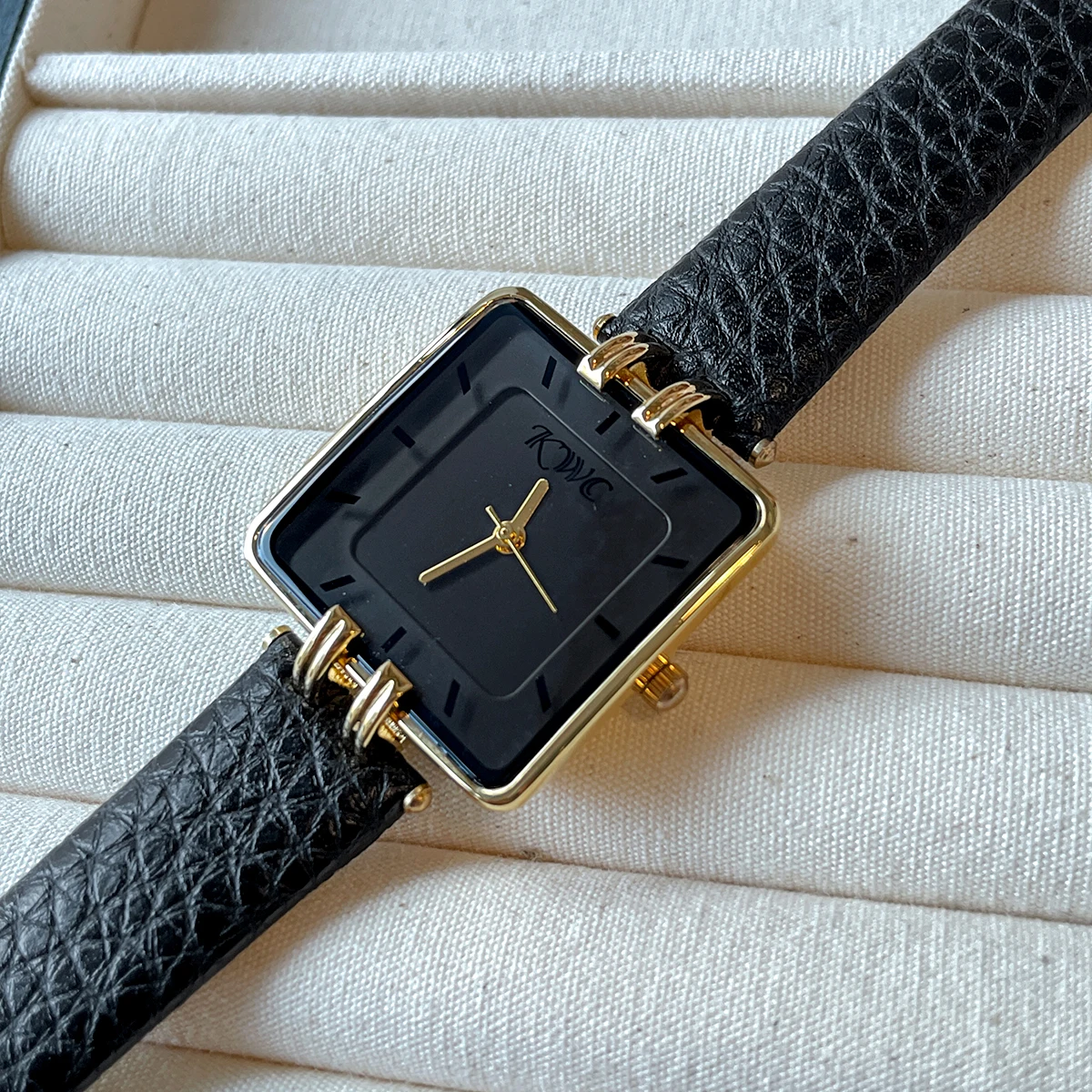 CILOA Women's Retro Rectangle Gold Dial Watch Black Lizard Grain Leather Band -204