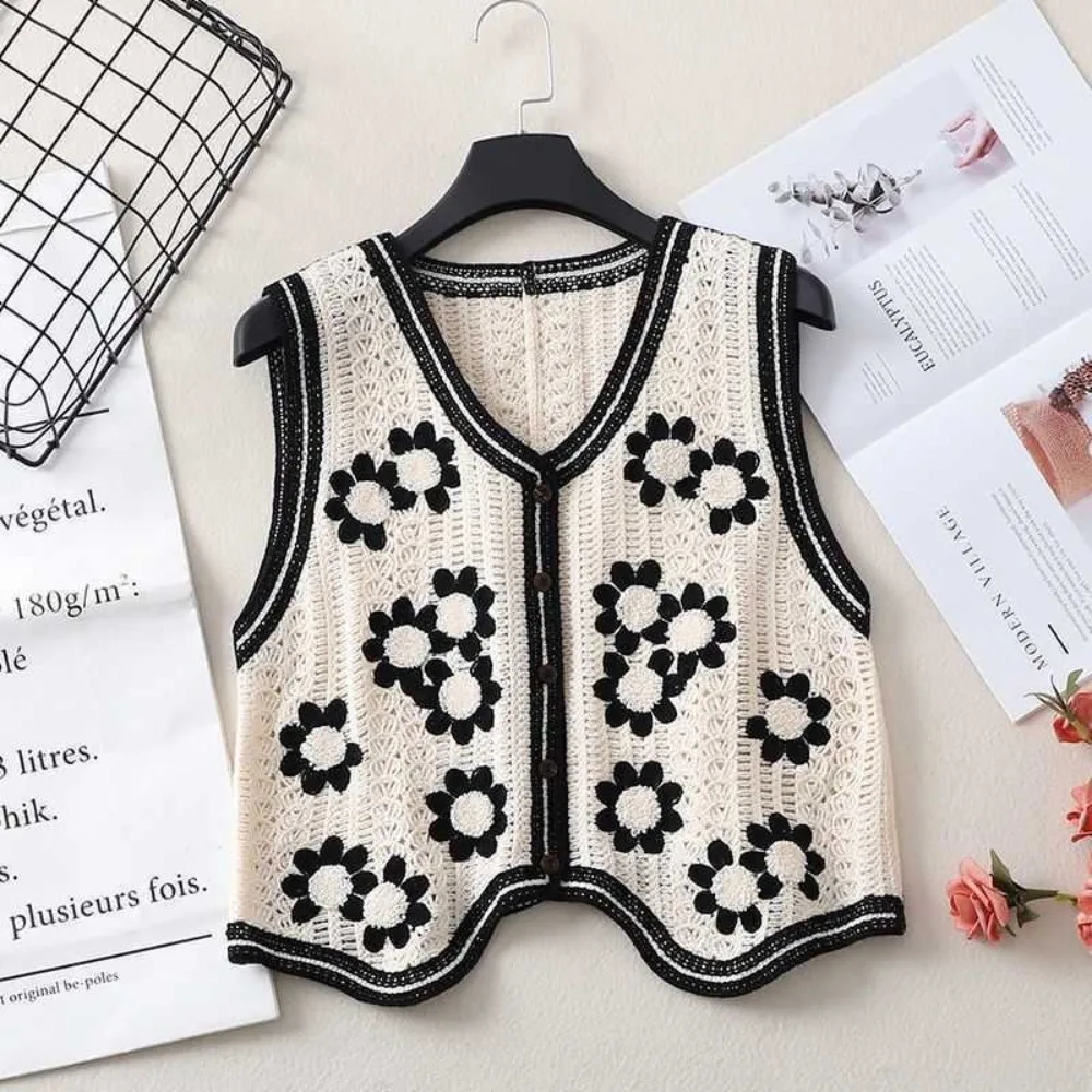 Sleeveless Embroidery Crochet Flower Vest Hollow Out Cardigan Knitted Sweater Vest Korean Style Single Breasted