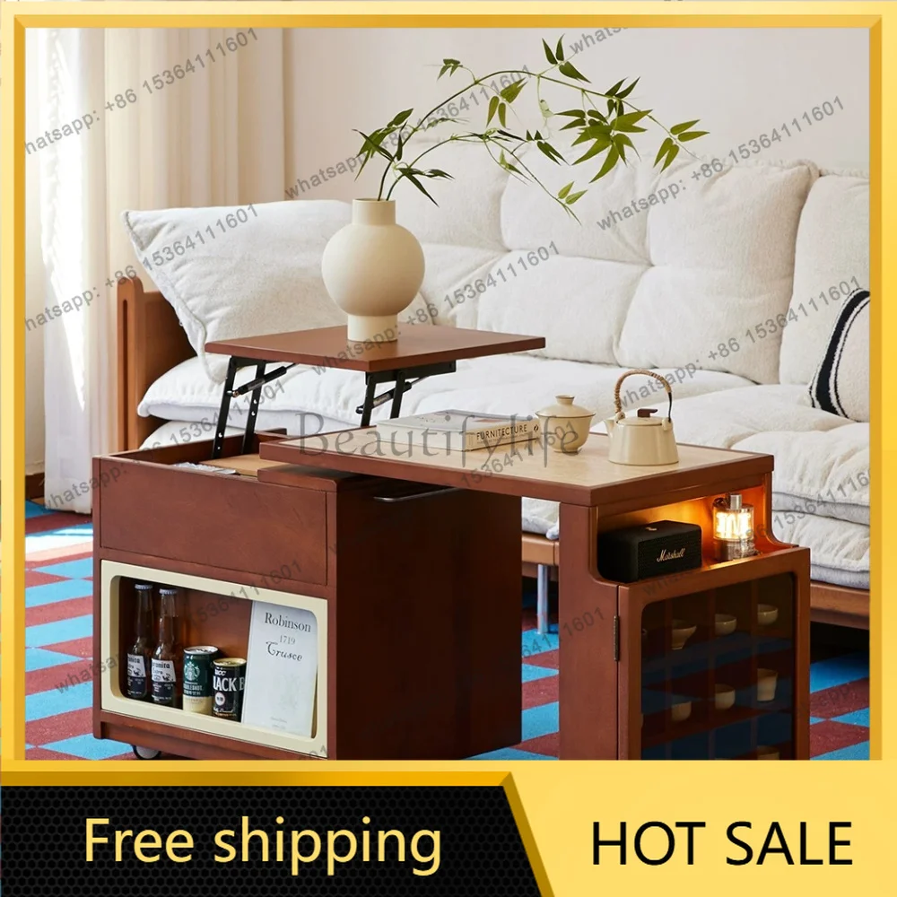 LD lifting rotating solid wood rock slab coffee table household living room small apartment mobile side table