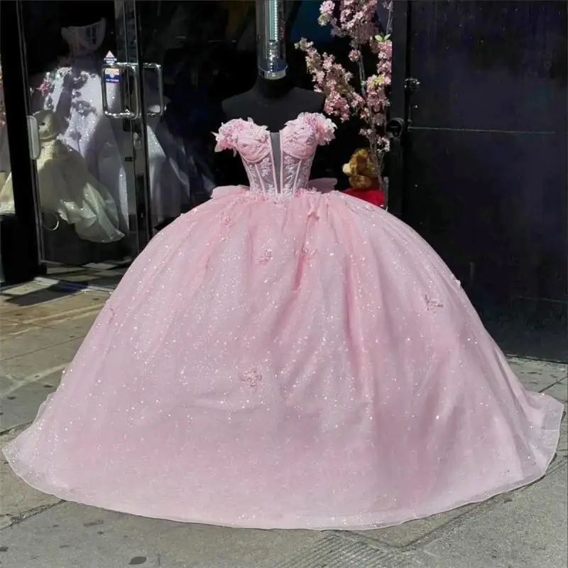 

Sweet Princess Pink Quinceanera Dresses Ball Gown With Bow Beads Butterfly Appliques Crystals Birthday 15th Party Gown Lace-Up