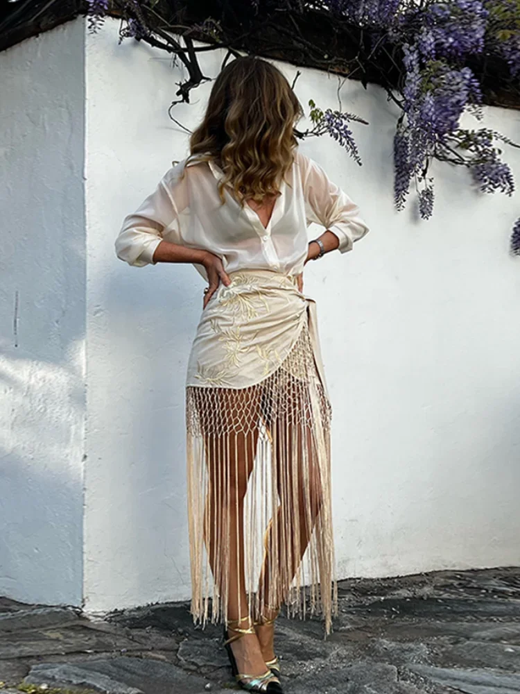 Embroidered Tassel Hem mini Skirt Women Elegant Mesh Hollow Out Short Kilt 2025 Summer New Chic Female Beach Holiday Wear