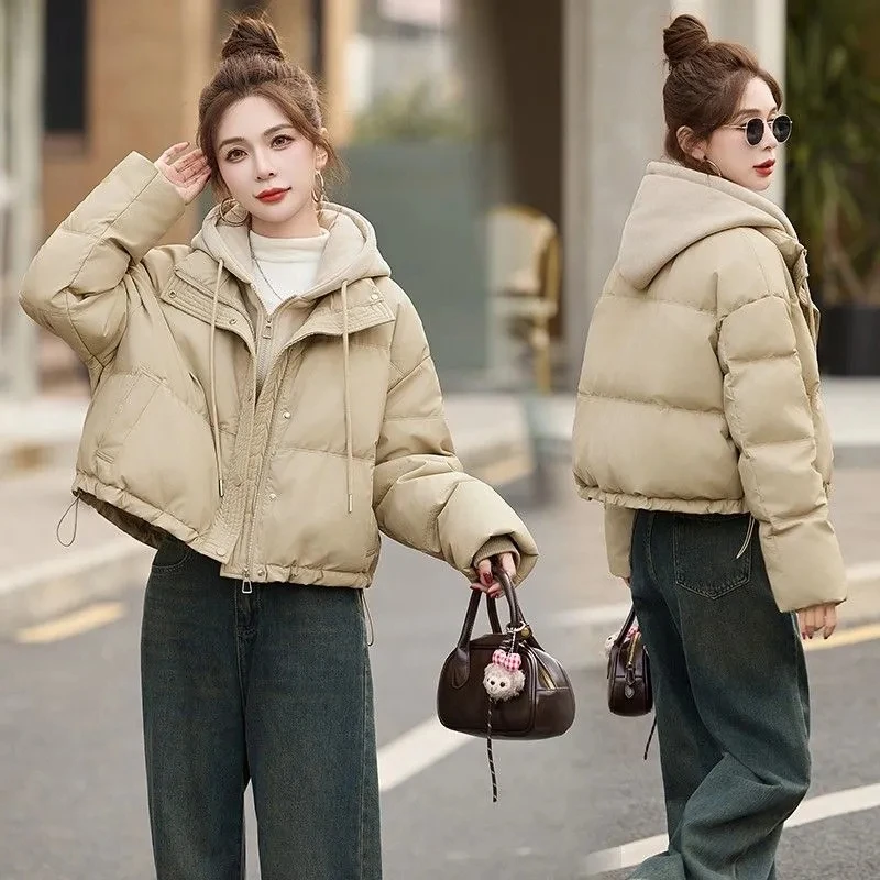 

Winter Thick Warm Coat Casual Joker Trend New PU No-wash Down Cotton Padded Jacket Women's Short Hooded Fake Two Cotton Padded