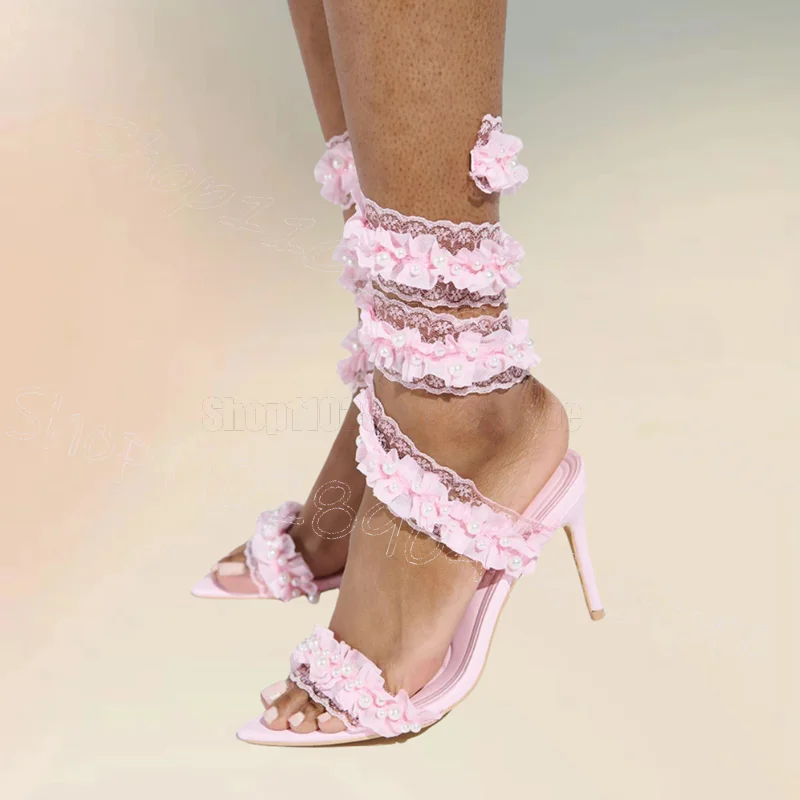 Sandalias de hilo con diseño de perlas Falbala de malla rosa, Zapatos sin cordones Para Mujer, tacones finos, punta abierta, para fiesta y citas, 2025