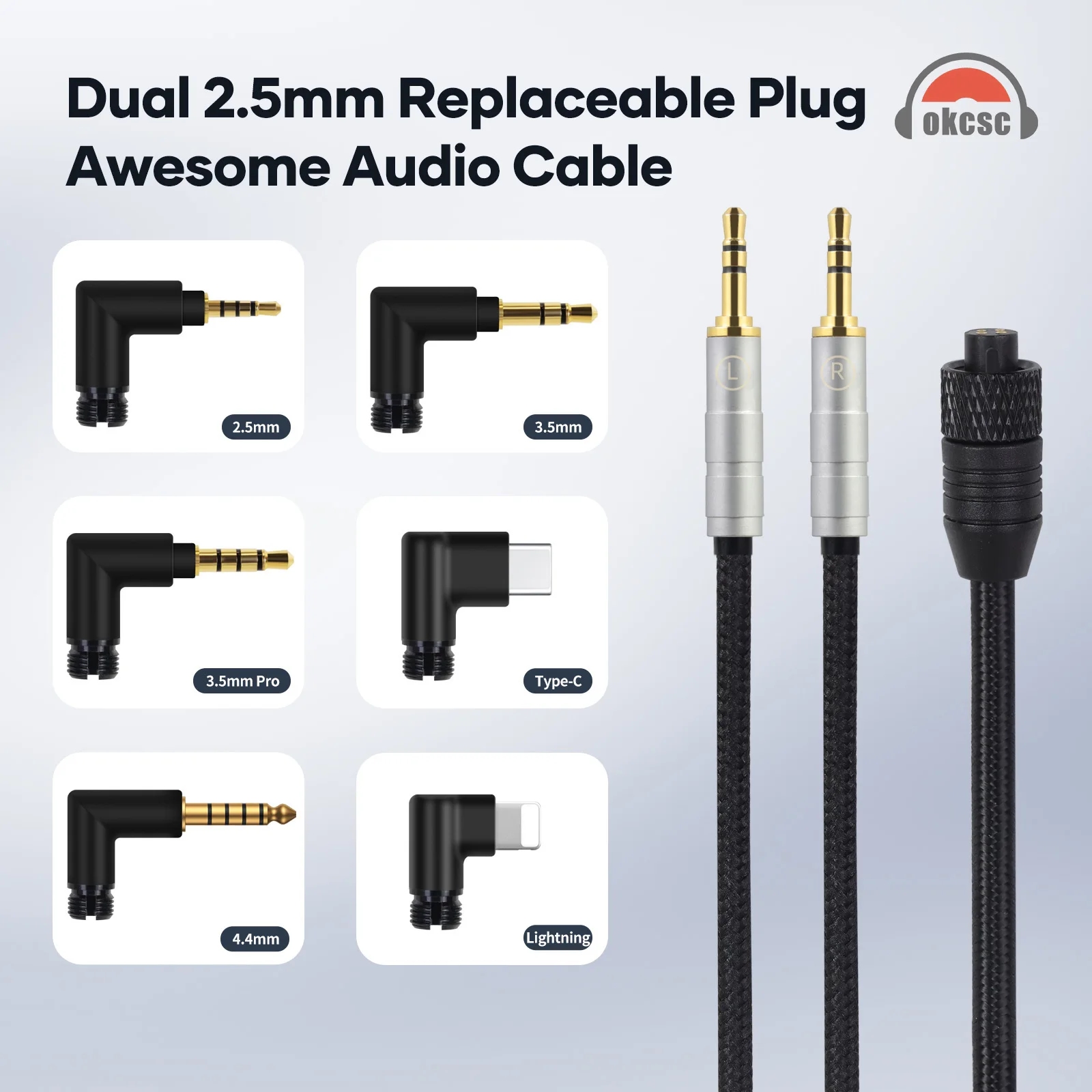 

OKCSC TC4P Dual 2.5mm Replaceable Plug Headphone Cable for Hifiman HE4401 HE350 HE560 2m PVC Nylon Braide OFC Cable 5 Types Plug