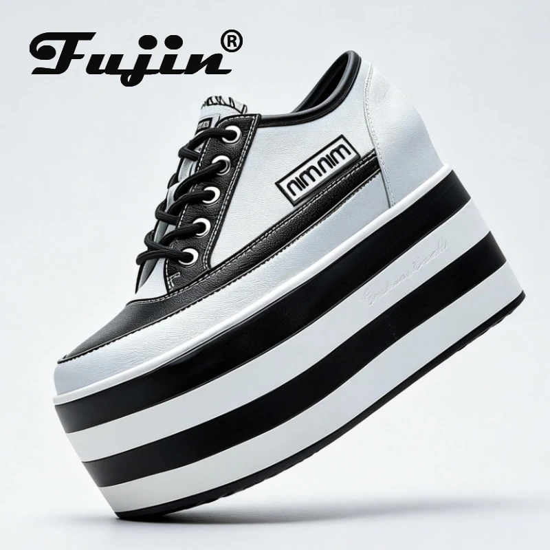 

Fujin/женская обувь из натуральной кожи 12 см, кроссовки на танкетке, женская повседневная обувь на массивном скрытом каблуке, осень-зима, лоферы