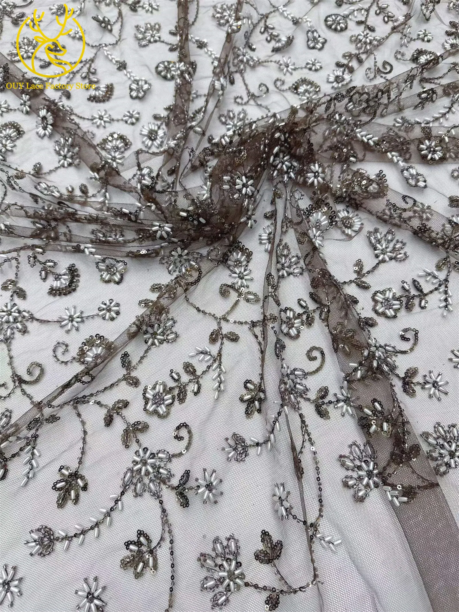 Königsblauer luxuriöser handgefertigter Perlen-Spitzenstoff, 5 Yards, hochwertiger französischer Tüll-Pailletten-Spitzenstoff für Party- und Hochzeitskleider – Detail 15